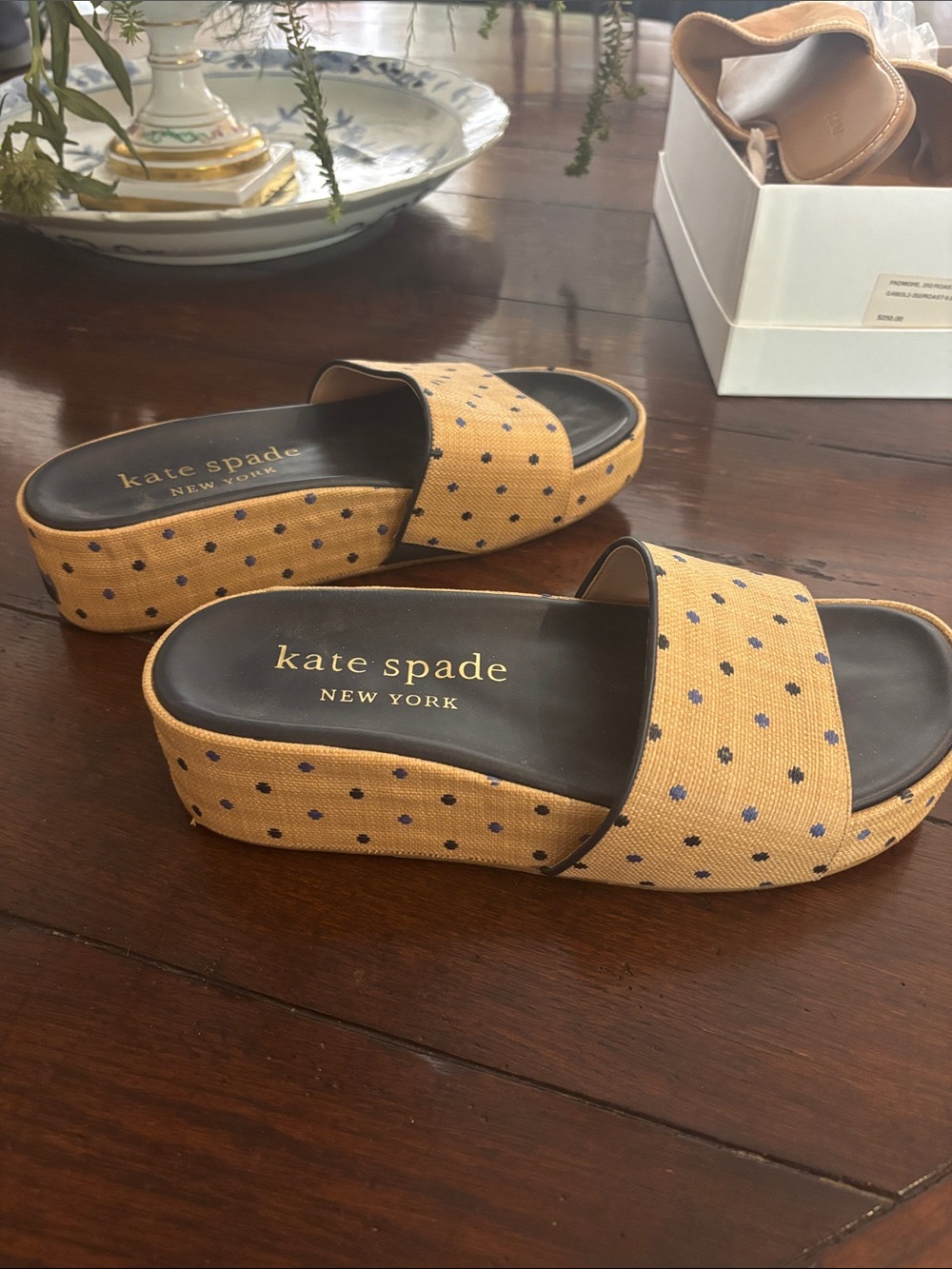 kate spade yellow and navy woven platform slide sandals with polka dots